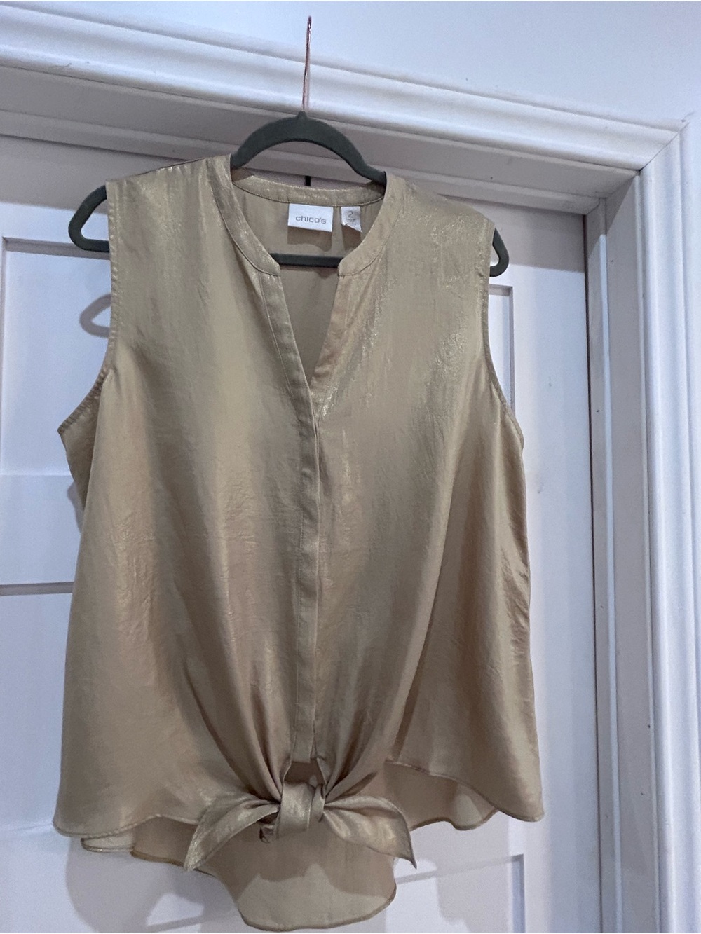 Chico's size 2, Metallic Gold Tie-Front Sleeveless  Blouse